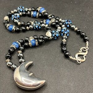Stunning 925 Sterling Silver Moon pendant on Long Handmade Gemstone Necklace